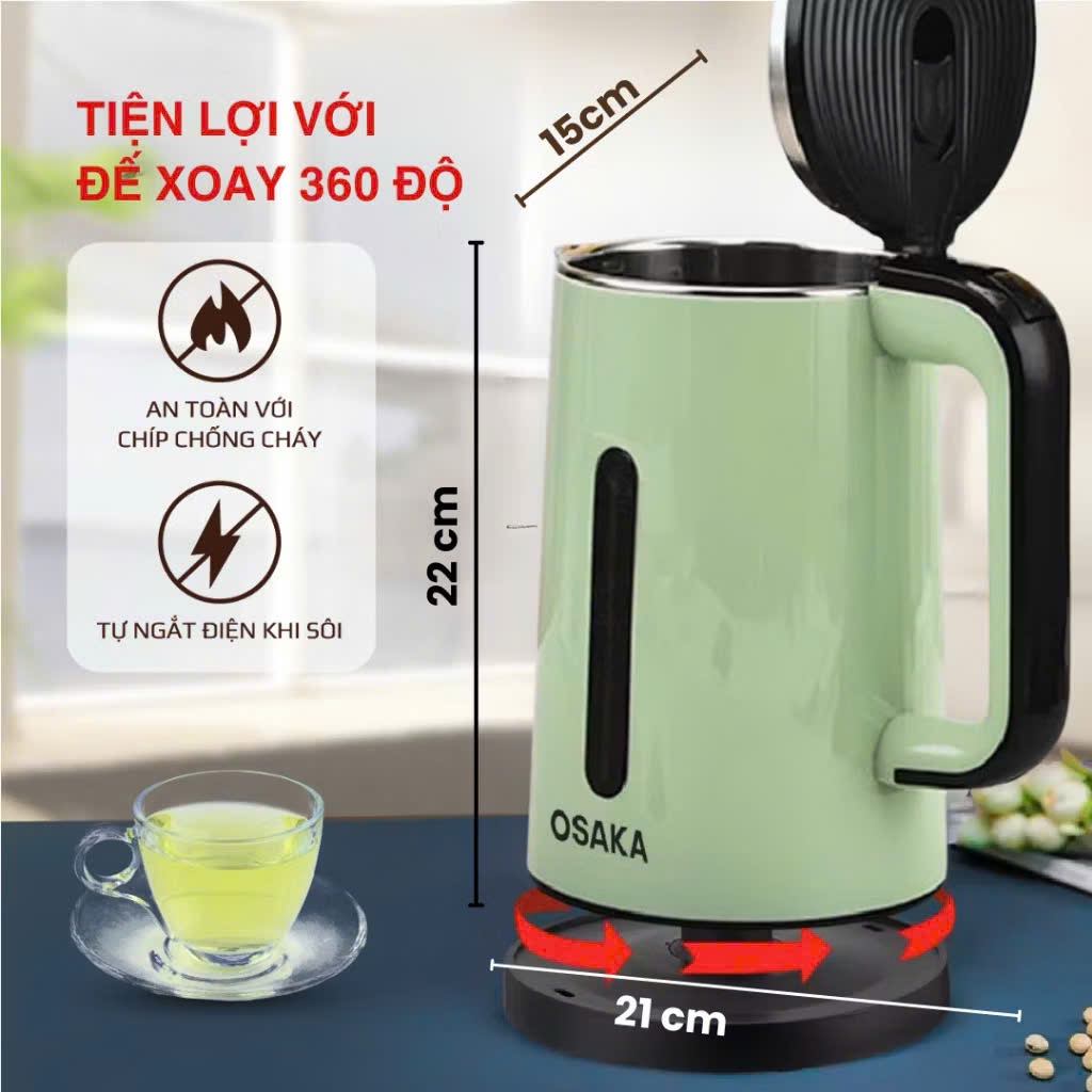 Bình Đun Siêu Tốc OSAKA KT-1818 1.8L 1500W Inox 304 3 Lớp Cách Nhiệt Chính Hãng