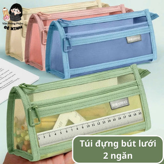 Túi Bút Lưới 2 Ngăn – Túi Đựng Bút Khóa Kéo Kim Loại, Nhỏ Gọn, Tiện Lợi Cho Học Sinh Văn Phòng