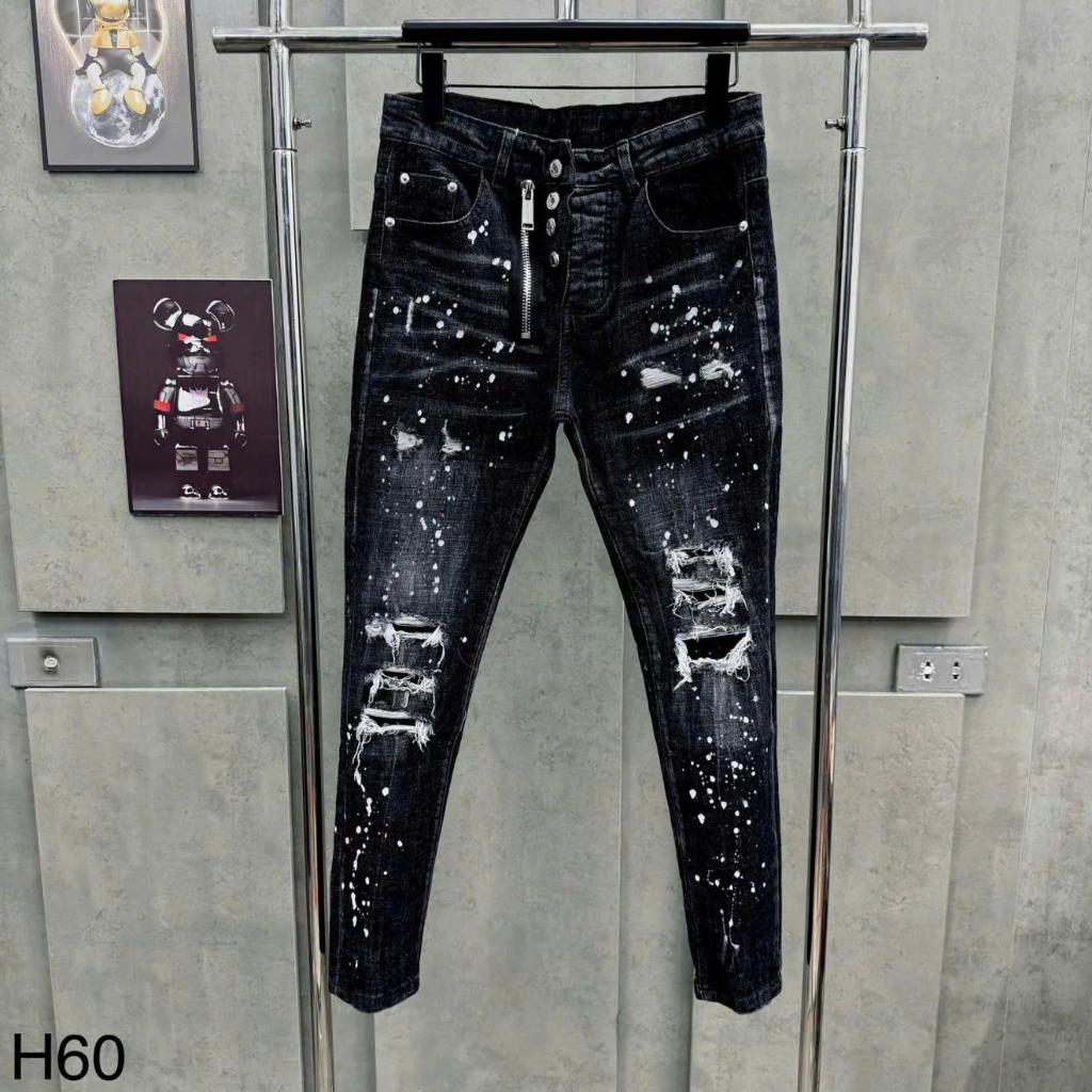 Quần jean xanh khoa lệch thêu số hai rách dành cho nam Menswear Pants