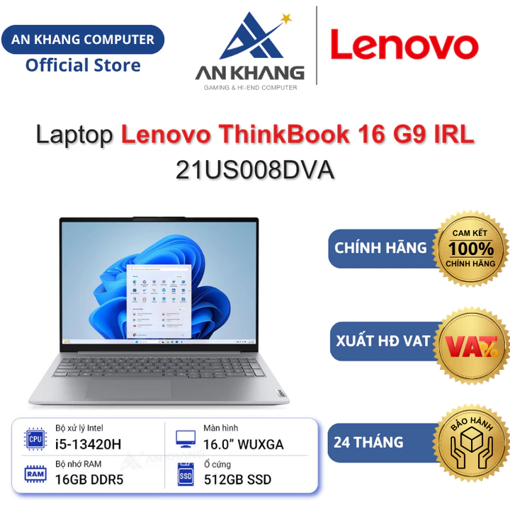 Laptop Lenovo ThinkBook 16 G9 IRL 21US008DVA (i5-13420H/ 16GD5/ 512GSSD/ 16.0WUXGA/ NoOS) Chính hãng Bảo hành 24 Tháng