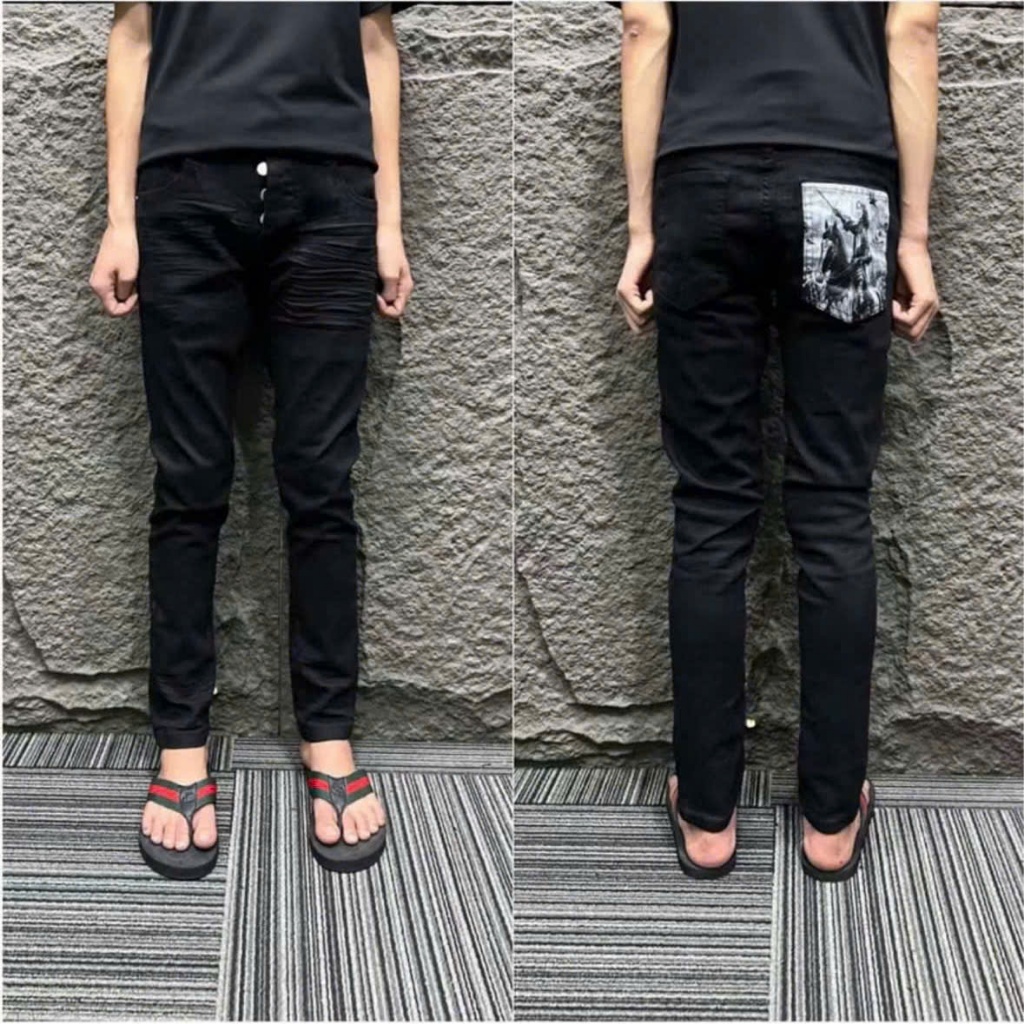 Quần Jean Nam đen không rách hoa tiết logo túi new
