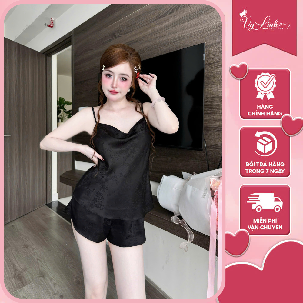 Bộ đồ ngủ đùi 2 dây nữ cổ đổ Vy Linh chất liệu gấm họa tiết hoa lá (TÙY LÔ) thoáng mát, không bai nhão S1345