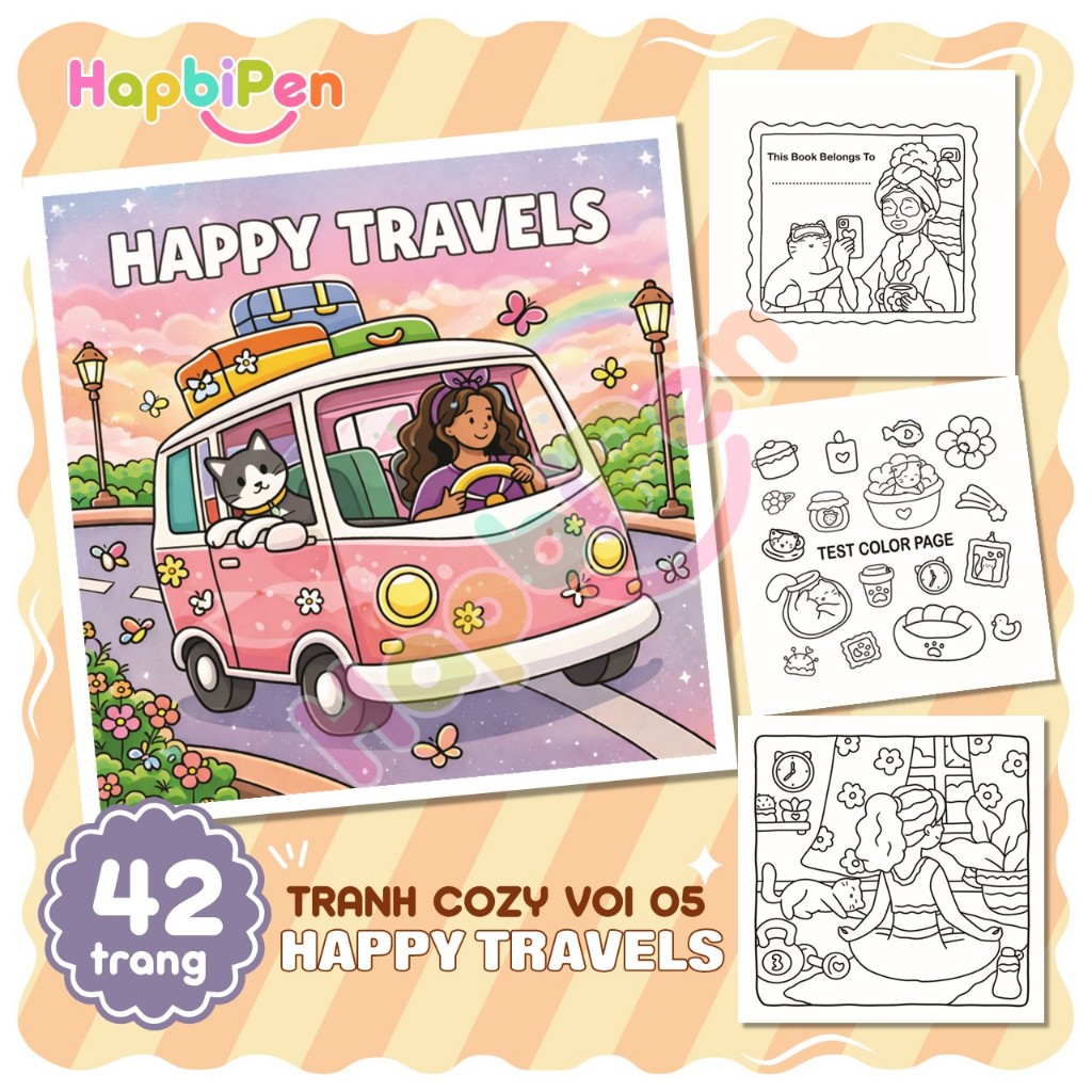 Bộ tranh tô màu cho bé với 42 trang chủ đề Happy Travel Vol 5 với phong cách tranh Kawaii dễ thương