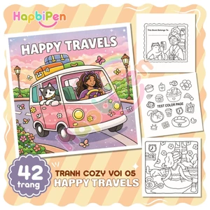 Bộ tranh tô màu cho bé với 42 trang chủ đề Happy Travel Vol 5 với phong cách tranh Kawaii dễ thương