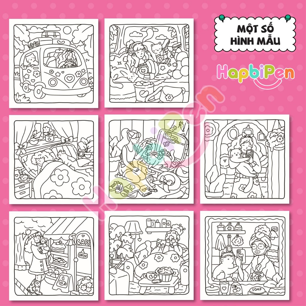 Bộ tranh tô màu cho bé với 42 trang chủ đề Happy Travel Vol 5 với phong cách tranh Kawaii dễ thương