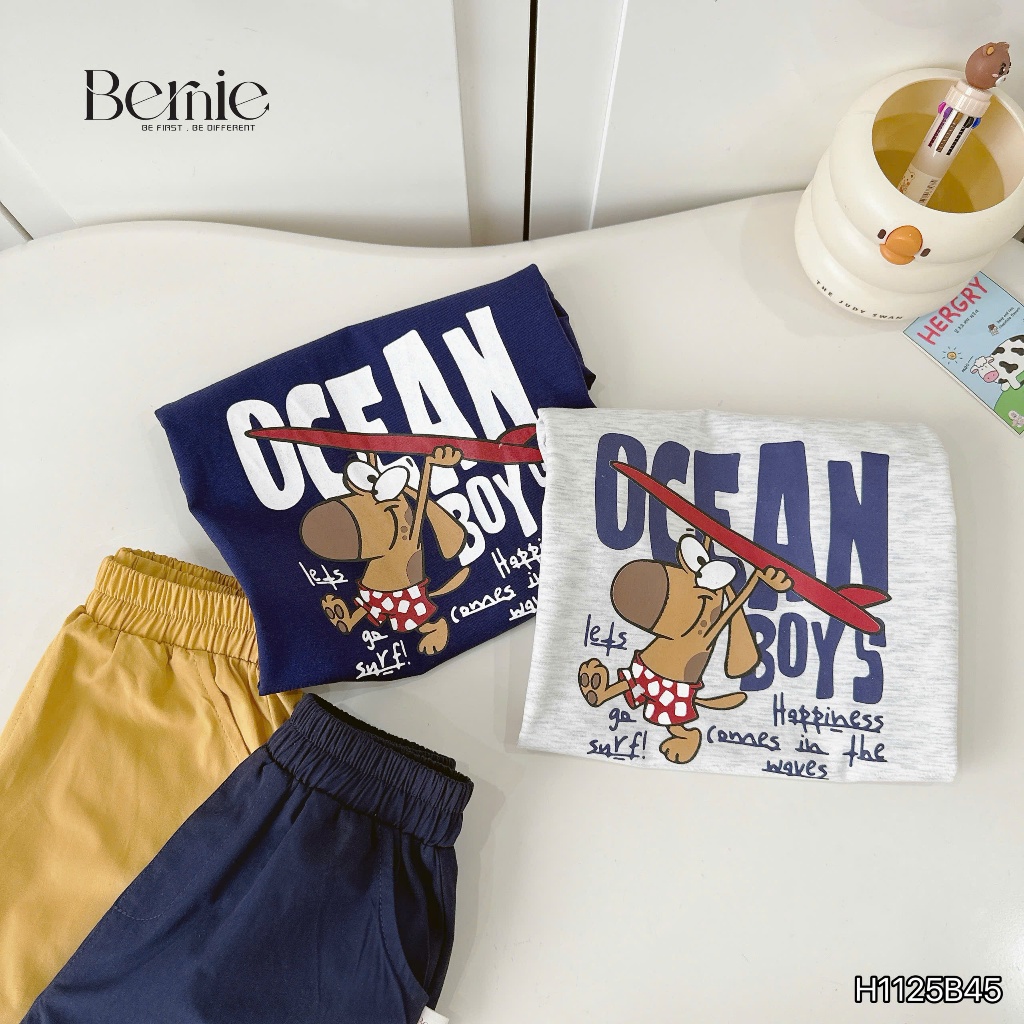 Bộ cotton hoạ tiết ocean áo thun quần kaki bé trai, set bộ cotton cổ tròn mềm mát bé trai