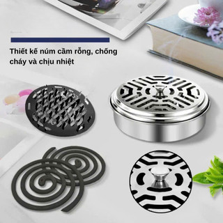 Khay Đốt Nhang Muỗi Inox Có Nắp Hộp Đựng Nhang Muỗi Kèm Giá Đỡ Chống Cháy Gọn Gàng Tiện Lợi