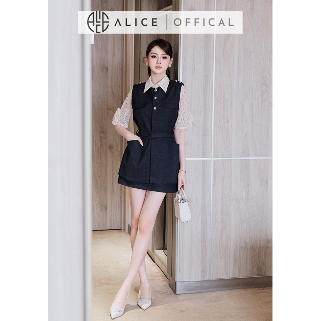 Set Bộ Nữ Alice Cao Cấp, Gile Jean Lụa Cao Cấp Kèm Đai, Áo Sơ Mi Chấm Bi Tay Lửng Phối Hoa A1076+S1077