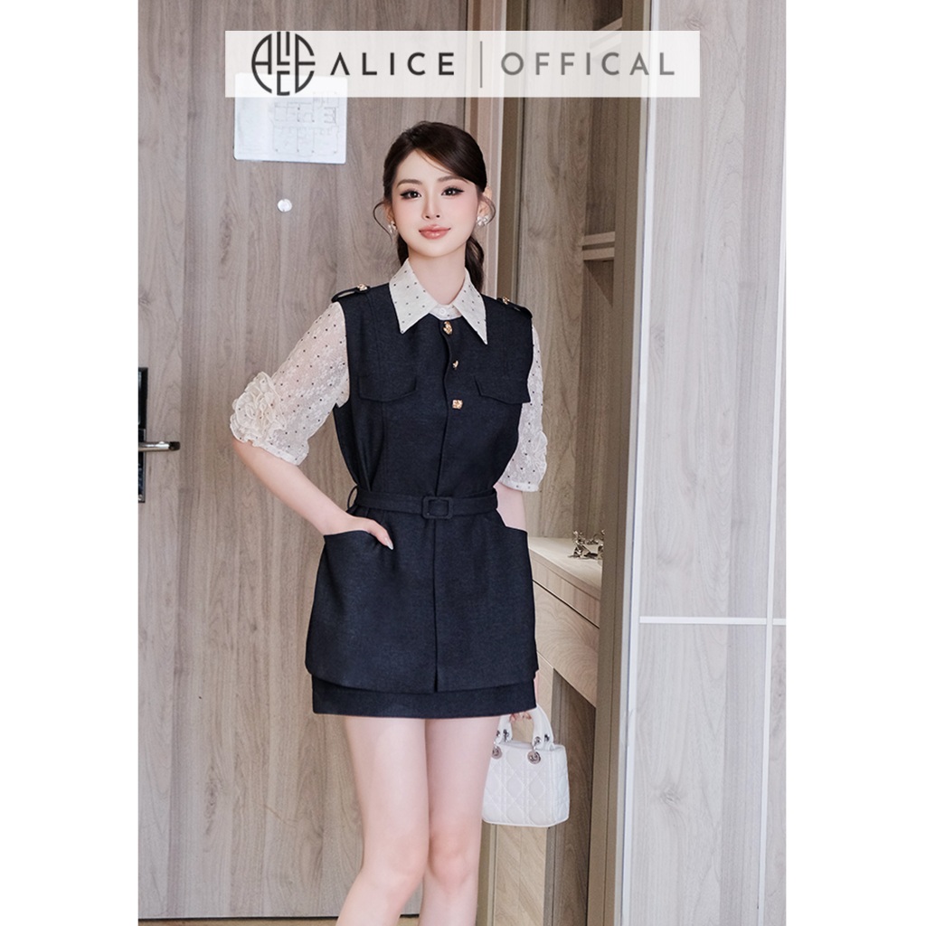 Set Bộ Nữ Alice Cao Cấp, Gile Jean Lụa Cao Cấp Kèm Đai, Áo Sơ Mi Chấm Bi Tay Lửng Phối Hoa A1076+S1077