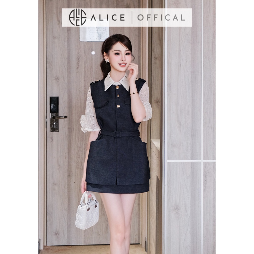 Set Bộ Nữ Alice Cao Cấp, Gile Jean Lụa Cao Cấp Kèm Đai, Áo Sơ Mi Chấm Bi Tay Lửng Phối Hoa A1076+S1077
