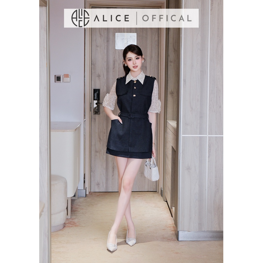 Set Bộ Nữ Alice Cao Cấp, Gile Jean Lụa Cao Cấp Kèm Đai, Áo Sơ Mi Chấm Bi Tay Lửng Phối Hoa A1076+S1077
