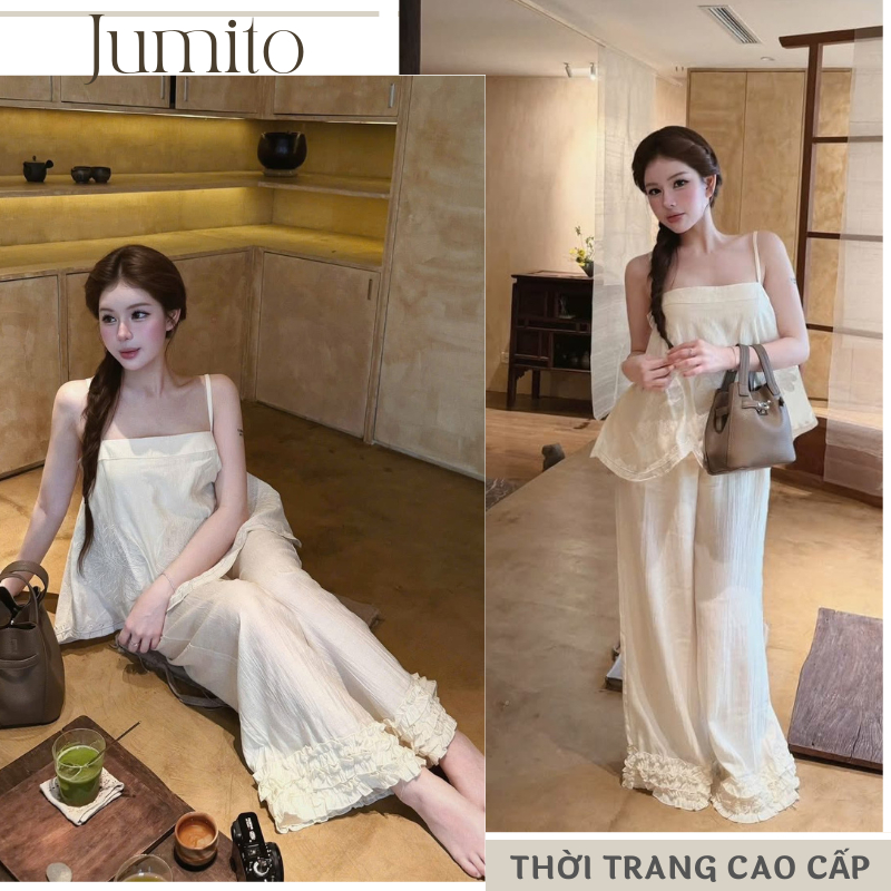 Bộ đồ nữ áo 2 dây phối quần dài suông, set quần áo nữ phong cách Hàn JUMITO HCOM27129