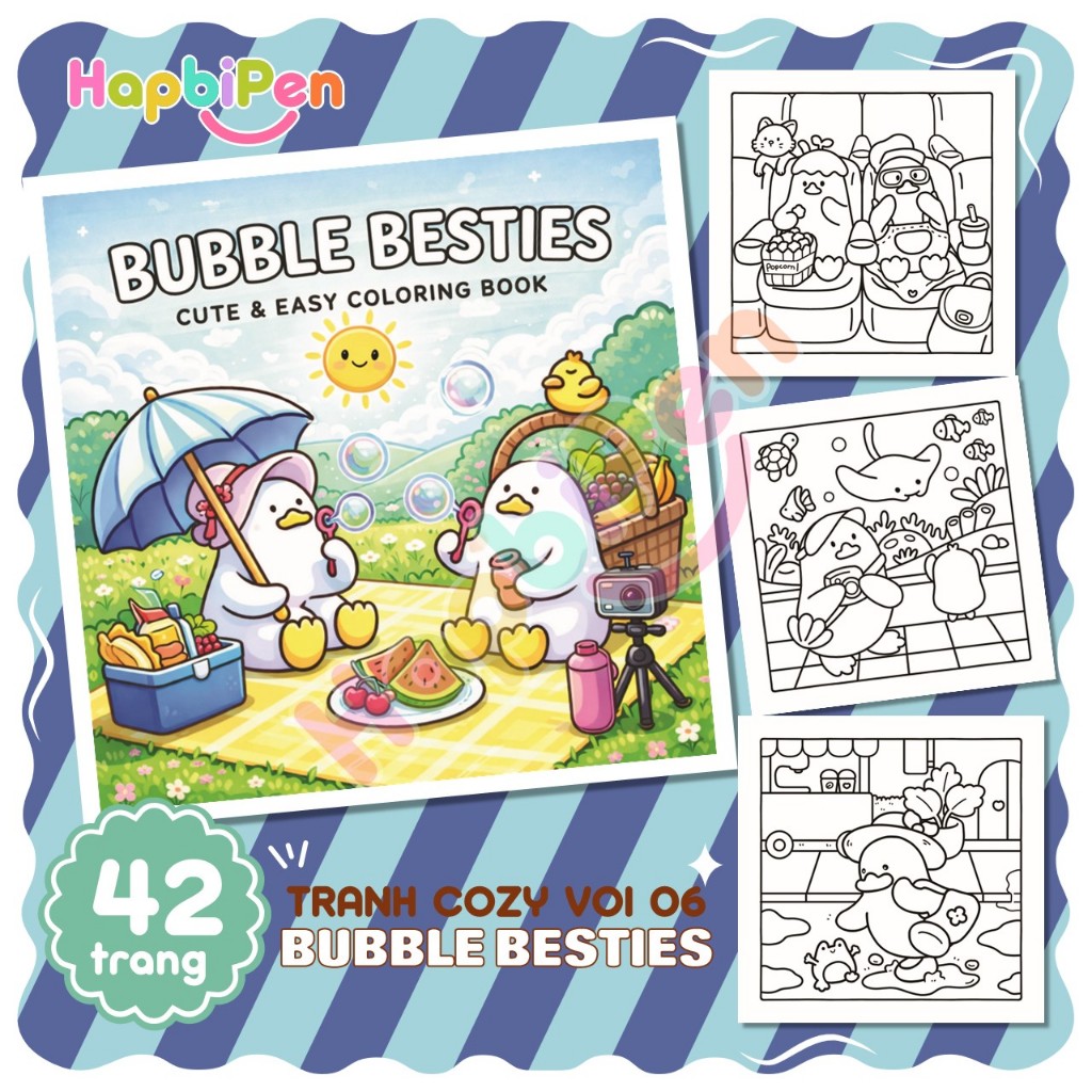 Bộ tranh tô màu cho bé với 42 trang chủ đề chú vịt Bubble Besties phong cách Kawaii dễ thương Vol 6