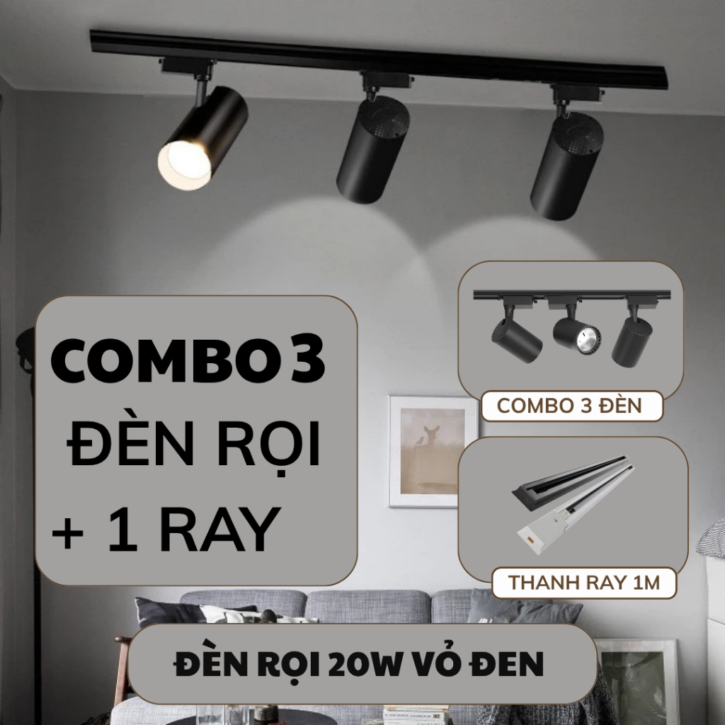 Combo 3 Đèn Led Rọi Ray Ống Bơ + 1 Thanh Ray 1m, Đèn Rọi Ống Bơ Trang Trí Shop, Cửa Hàng