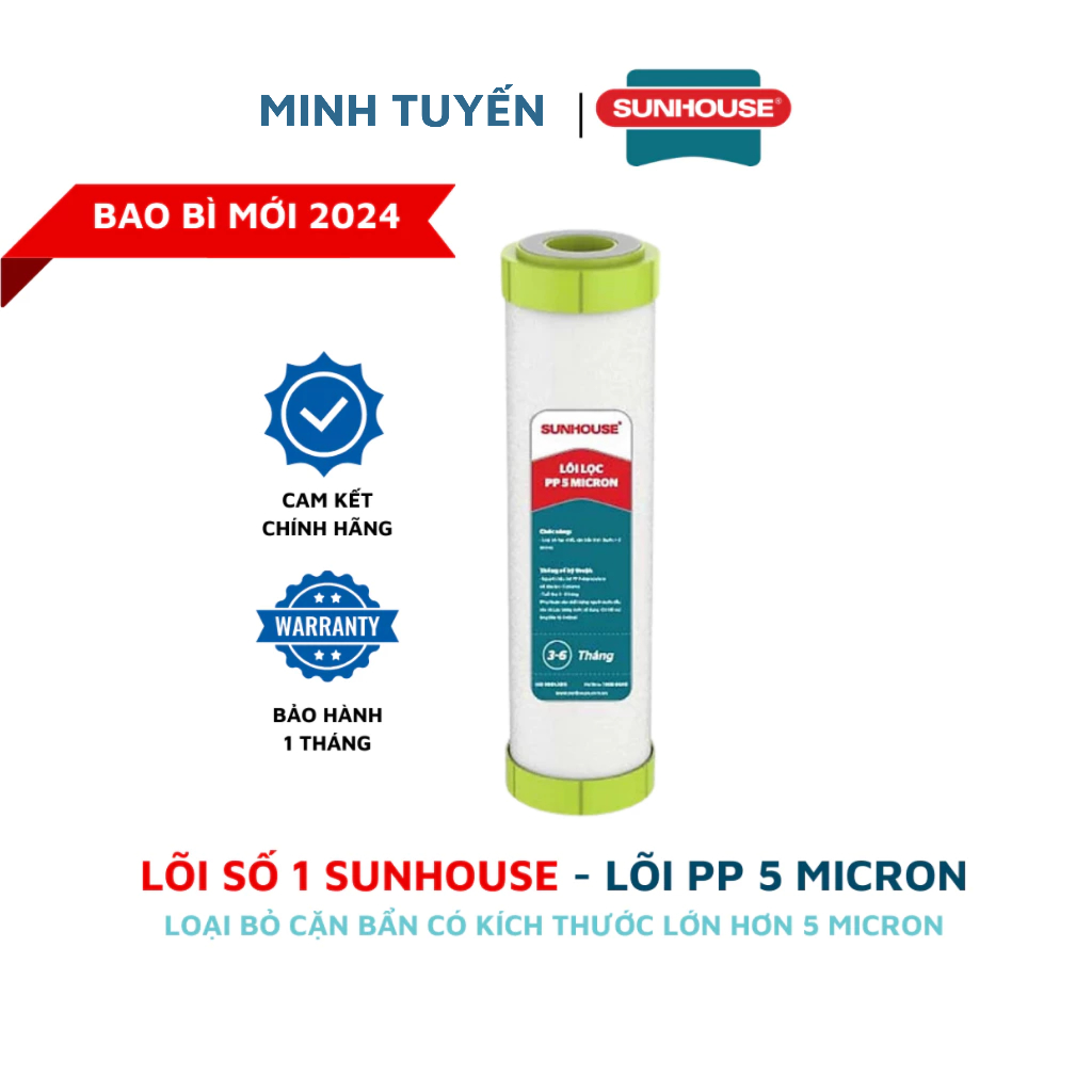 Lõi lọc số 1 Sunhouse lõi PP 5 micron, loại bỏ cặn bẩn kích thước lớn hơn hoặc bằng 5 micron