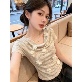 LT - Áo thun loang nữ trễ vai cổ đổ, cổ chéo, cổ yếm hoa đính nổi tay cộc xinh xắn hoạ tiết loang màu free size 1650