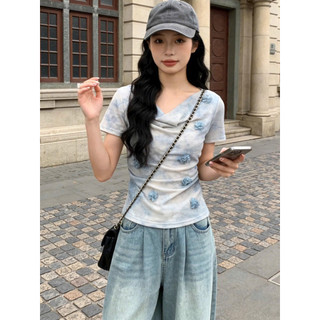 LT - Áo thun loang nữ trễ vai cổ đổ, cổ chéo, cổ yếm hoa đính nổi tay cộc xinh xắn hoạ tiết loang màu free size 1650