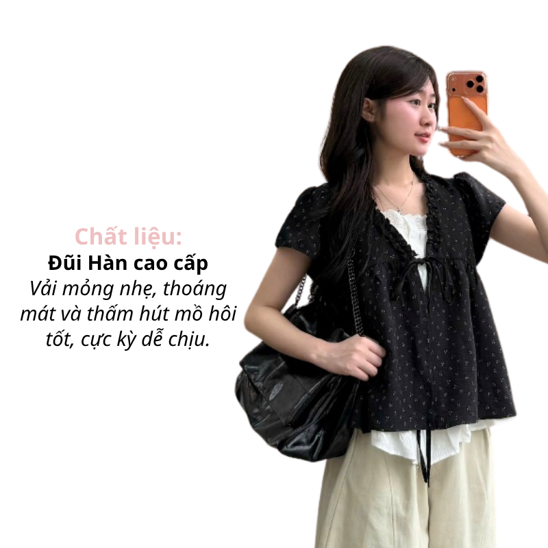 Áo Babydoll Viền Bèo Cộc Tay Hoa Nhí Nơ Ngực Phối Ren Boi Trắng A874 MoLie Fashion Thời Trang Nữ