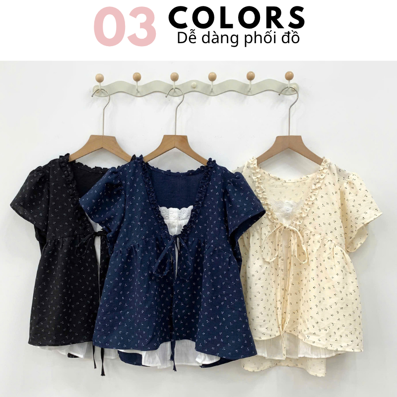 Áo Babydoll Viền Bèo Cộc Tay Hoa Nhí Nơ Ngực Phối Ren Boi Trắng A874 MoLie Fashion Thời Trang Nữ