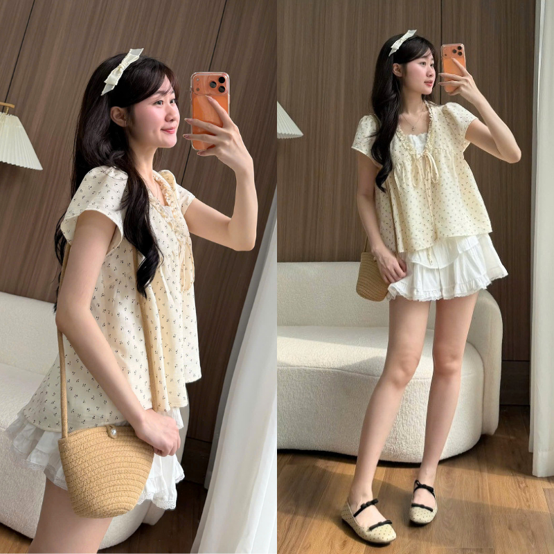 Áo Babydoll Viền Bèo Cộc Tay Hoa Nhí Nơ Ngực Phối Ren Boi Trắng A874 MoLie Fashion Thời Trang Nữ