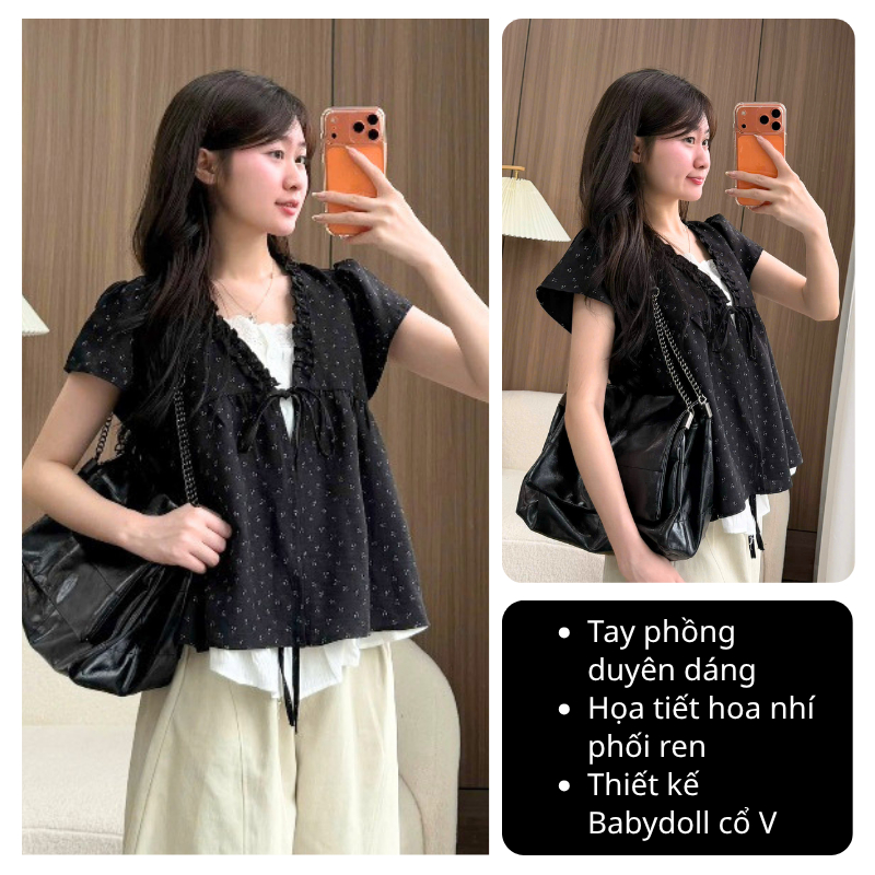 Áo Babydoll Viền Bèo Cộc Tay Hoa Nhí Nơ Ngực Phối Ren Boi Trắng A874 MoLie Fashion Thời Trang Nữ