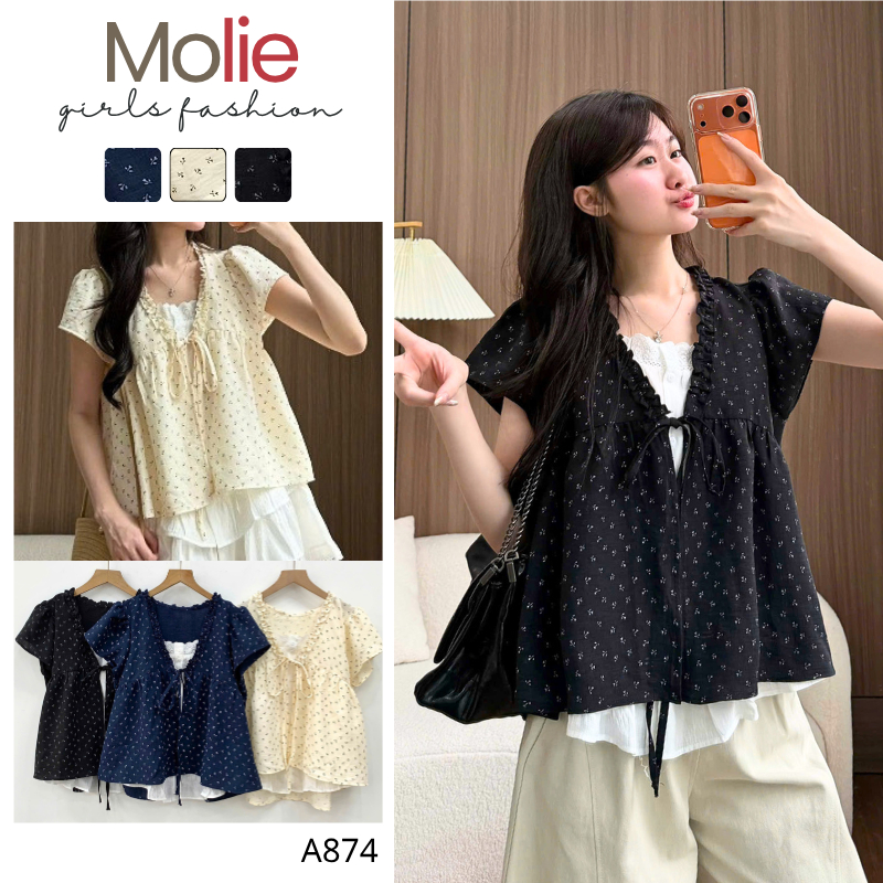 Áo Babydoll Viền Bèo Cộc Tay Hoa Nhí Nơ Ngực Phối Ren Boi Trắng A874 MoLie Fashion Thời Trang Nữ