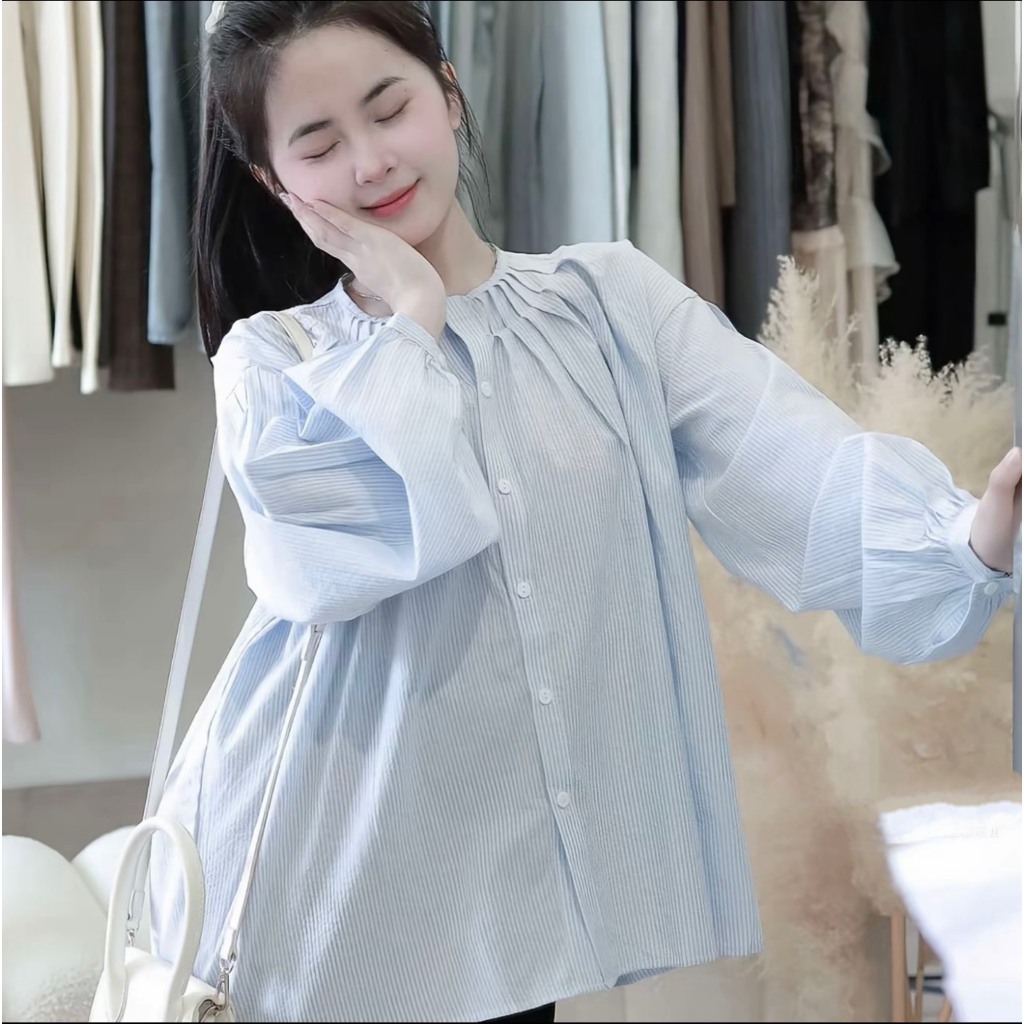 Áo sơ mi xếp ly ngực dáng rộng che khuyết điểm, áo sơ mi đi học đi chơi LABEL A101