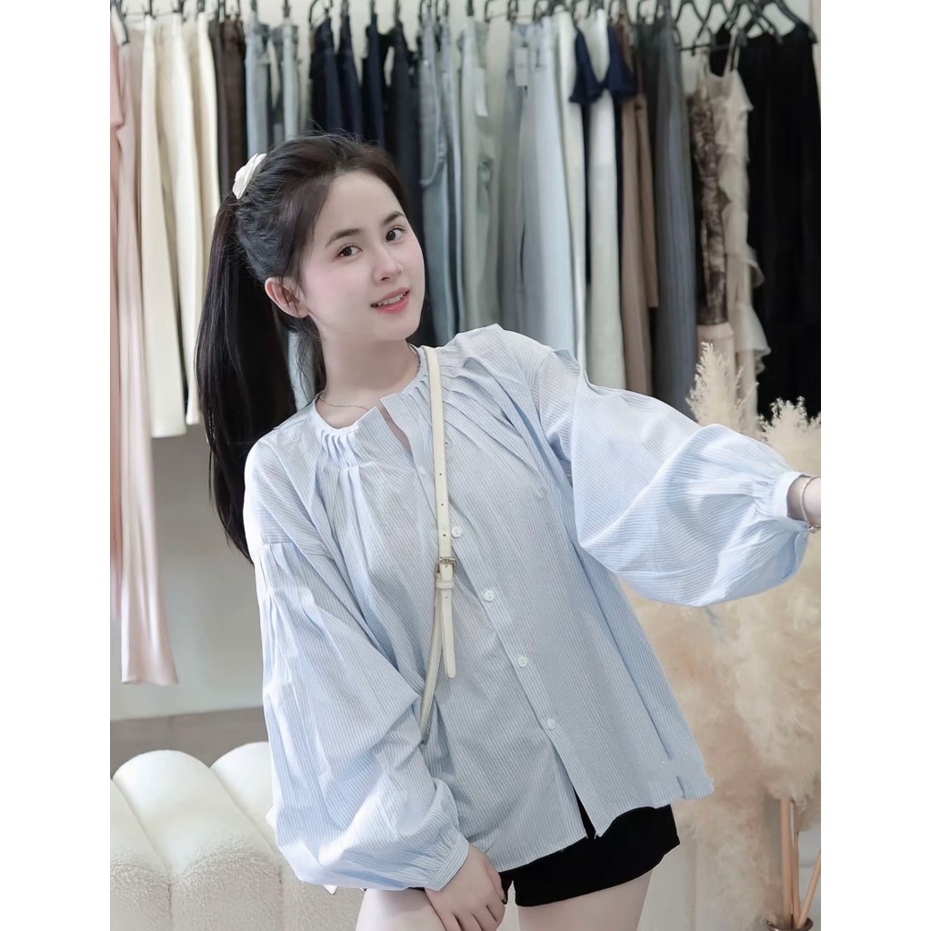 Áo sơ mi xếp ly ngực dáng rộng che khuyết điểm, áo sơ mi đi học đi chơi LABEL A101