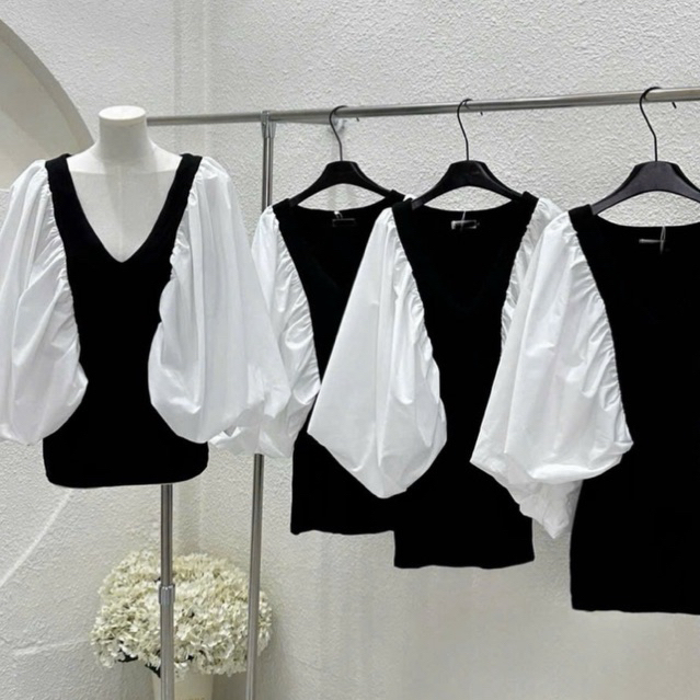 Váy thiết kế dáng ngắn phối tay tơ bồng bềnh cao cấp , Đầm nữ ôm body cổ V phối 2 màu đen trắng siêu hot 2026
