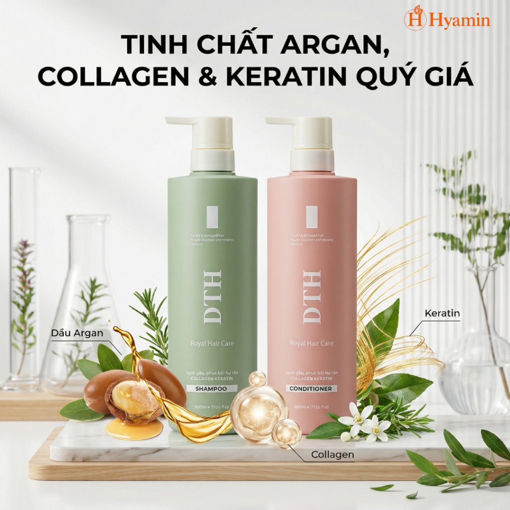 Bộ Dầu Gội Xả DTH Royal Hyamin sạch gàu phục hồi tóc hư tổn suôn mượt 800ml