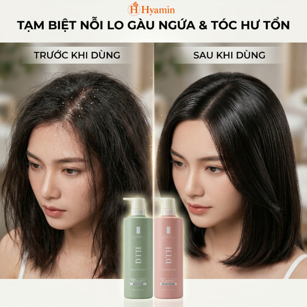 Bộ Dầu Gội Xả DTH Royal Hyamin sạch gàu phục hồi tóc hư tổn suôn mượt 800ml
