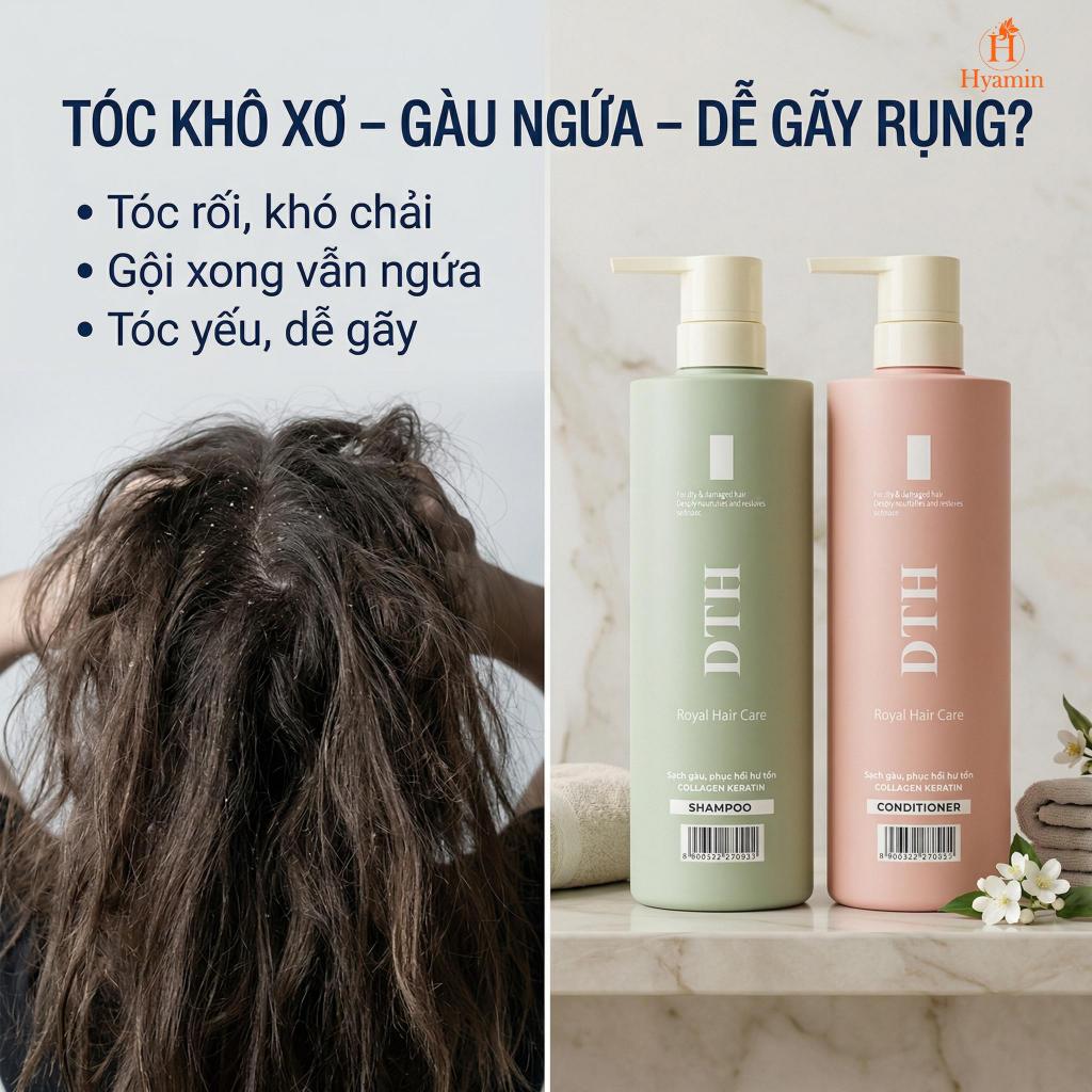 Bộ Dầu Gội Xả DTH Royal Hyamin sạch gàu phục hồi tóc hư tổn suôn mượt 800ml