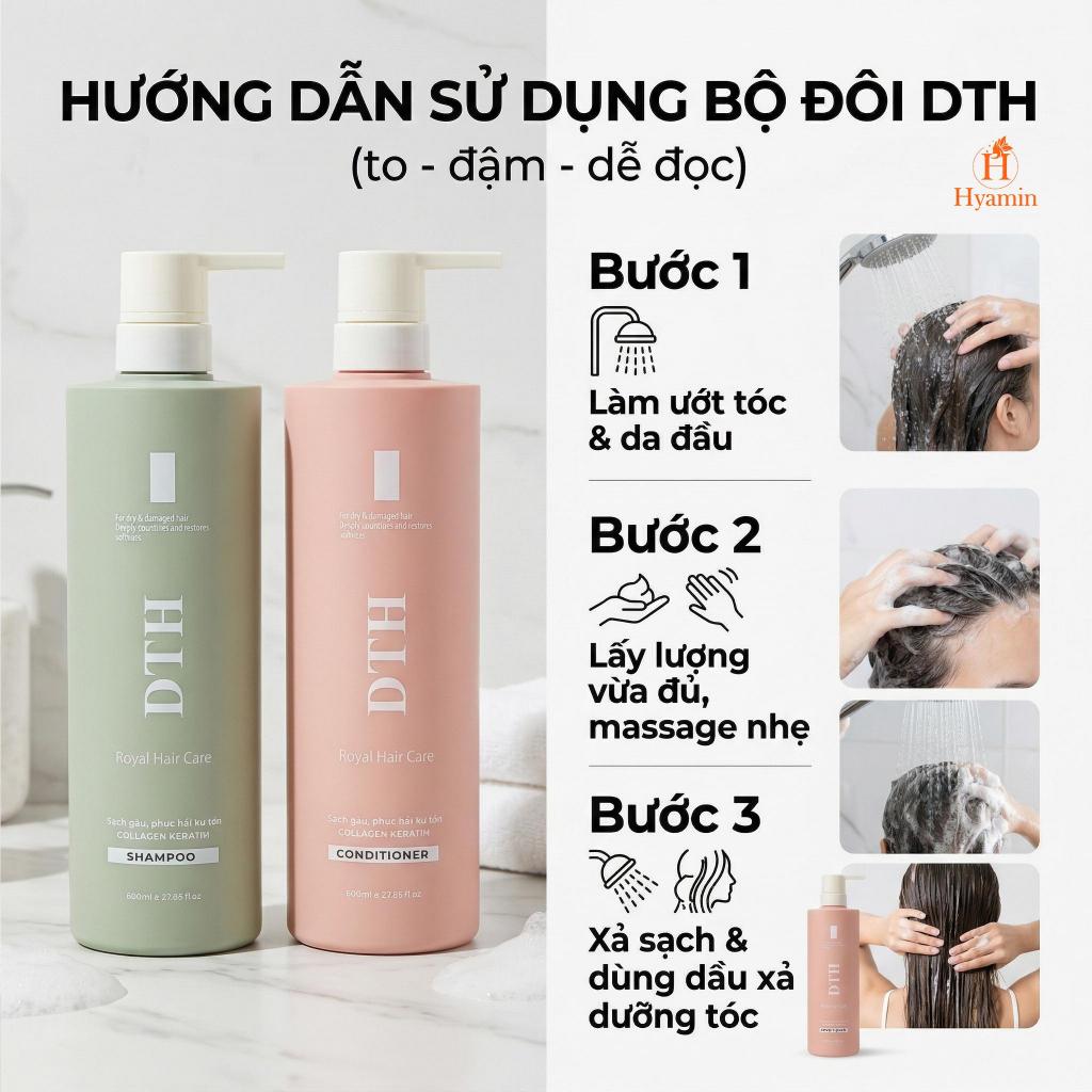 Bộ Dầu Gội Xả DTH Royal Hyamin sạch gàu phục hồi tóc hư tổn suôn mượt 800ml