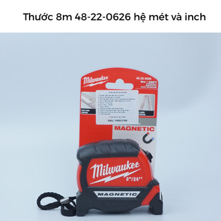 Thước Cuộn 8m Milwaukee 48-22-0626, Đo Mét và Inch, Chống Va Đập, Kẹp Móc Khóa, Dùng Cho Công Trường