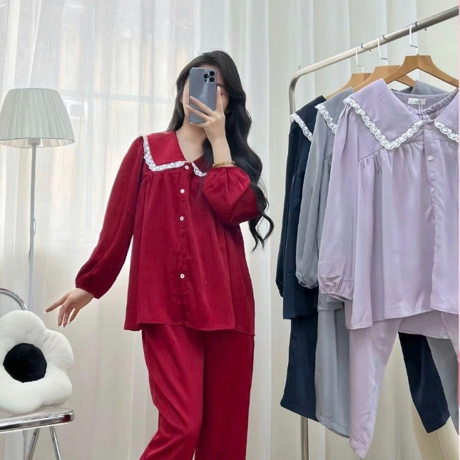 Bộ bầu mặc nhà (MIE) chất lụa ngọc trai tay dài thiết kế cổ sen phối ren điệu đà nữ tính by L'AMME