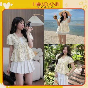 Áo Babydoll Chấm Bi Tay Bồng Mix Viền Bèo Siêu Xinh Hoadanbistore, Áo Sơ Mi Kiểu Tiểu Thư