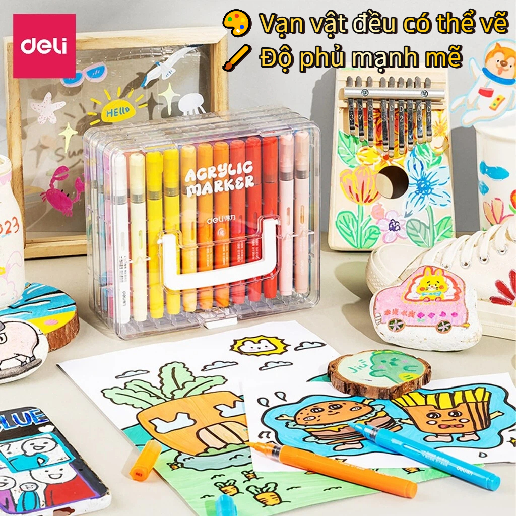 [BÁN CHẠY]Bút Acrylic Marker Deli 24/36/48/60 màu – Vẽ quần áo không phai, trang trí bullet journal, đầu lông mềm