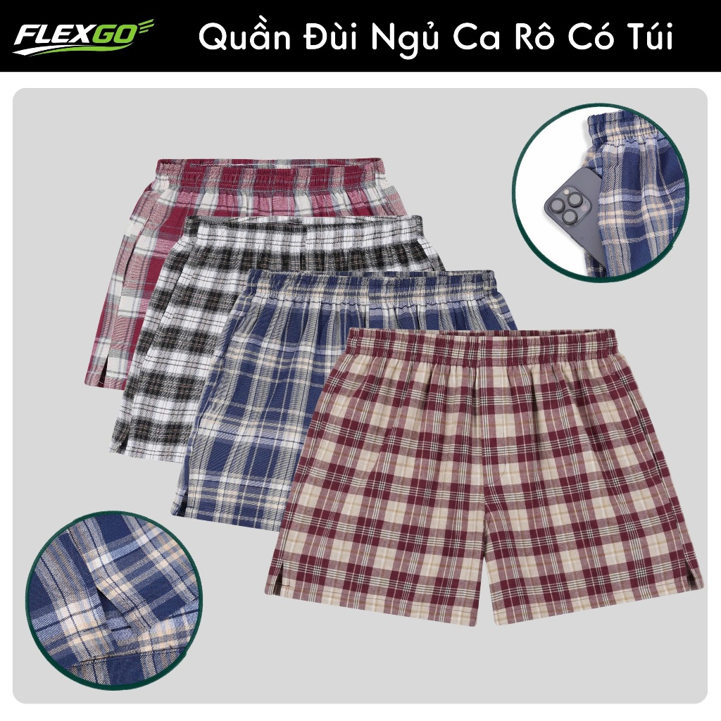 (Hỏa Tốc HCM) Quần đùi nam họa tiết caro form ngắn  có túi – Vải kate 100% cotton Flexgo