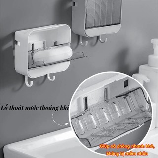 Hộp Xà Phòng Dán Tường Phòng Tắm 3in1 Có Nắp Chống Nước, Không Khoan, Khay Điện Thoại + Móc Treo