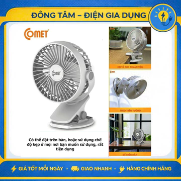QUẠT SẠC TÍCH ĐIỆN MINI KẸP BÀN COMET CRF0705 5W ĐẾ KẸP XE ĐẨY HOẶC KẸP BÀN