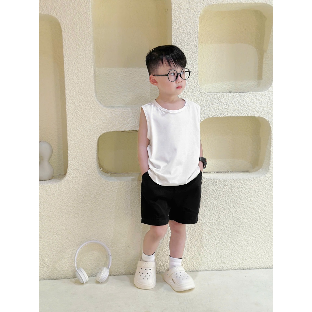 Áo ba lỗ tone màu basic cho bé trai bé gái 9-23kg. Áo sát nách mùa hè màu trắng, đen cho bé 9-28kg