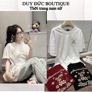 Áo thun lệ v thêu hoạ tiết hoa nhỏ trước sau chất vải cotton thời trang nam nữ, áo phông lệ v thêu chi tiết form rộng