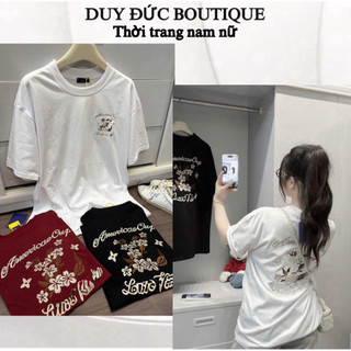 Áo thun lệ v thêu hoạ tiết hoa nhỏ trước sau chất vải cotton thời trang nam nữ, áo phông lệ v thêu chi tiết form rộng