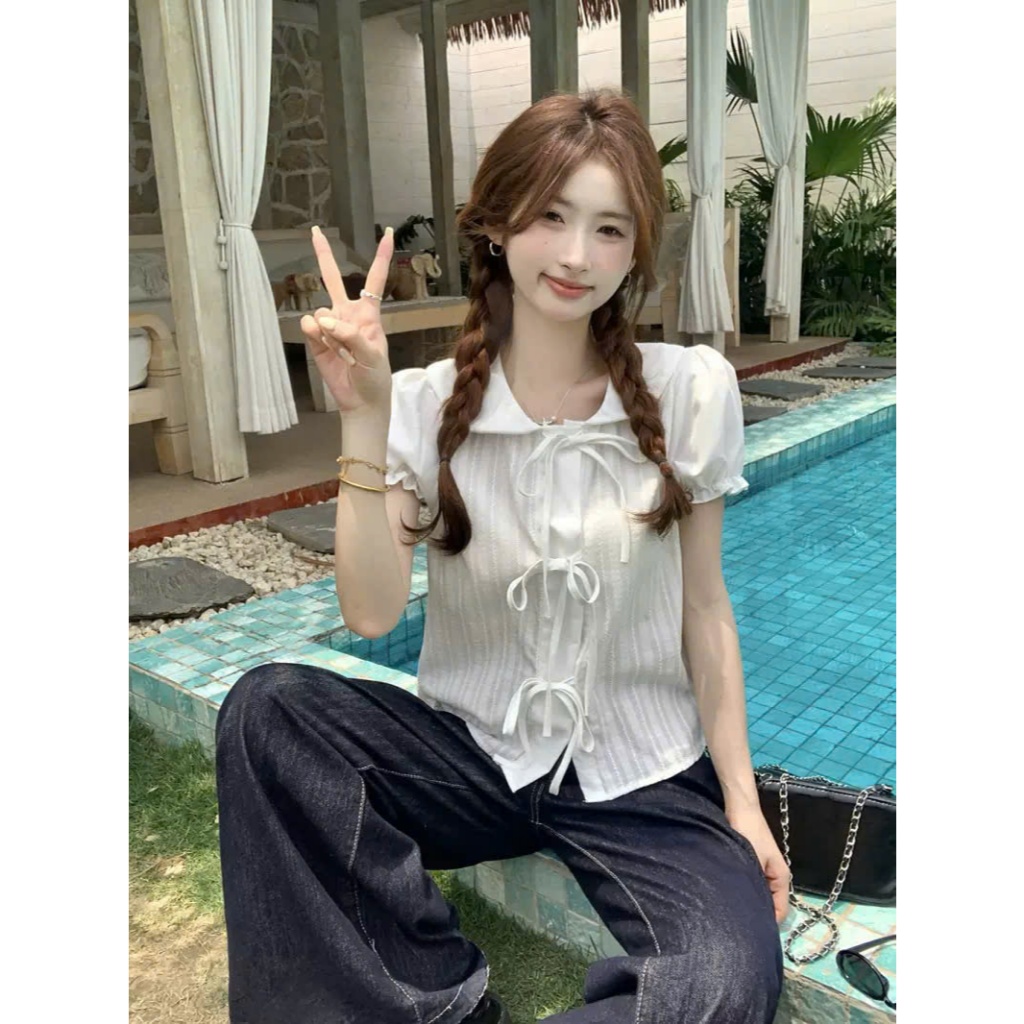 Áo thô mỏng đính nơ điệu đà, áo sơ mi nữ cộc tay MUZA  A121