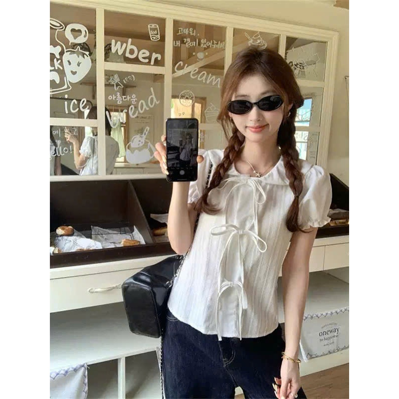 Áo thô mỏng đính nơ điệu đà, áo sơ mi nữ cộc tay MUZA  A121