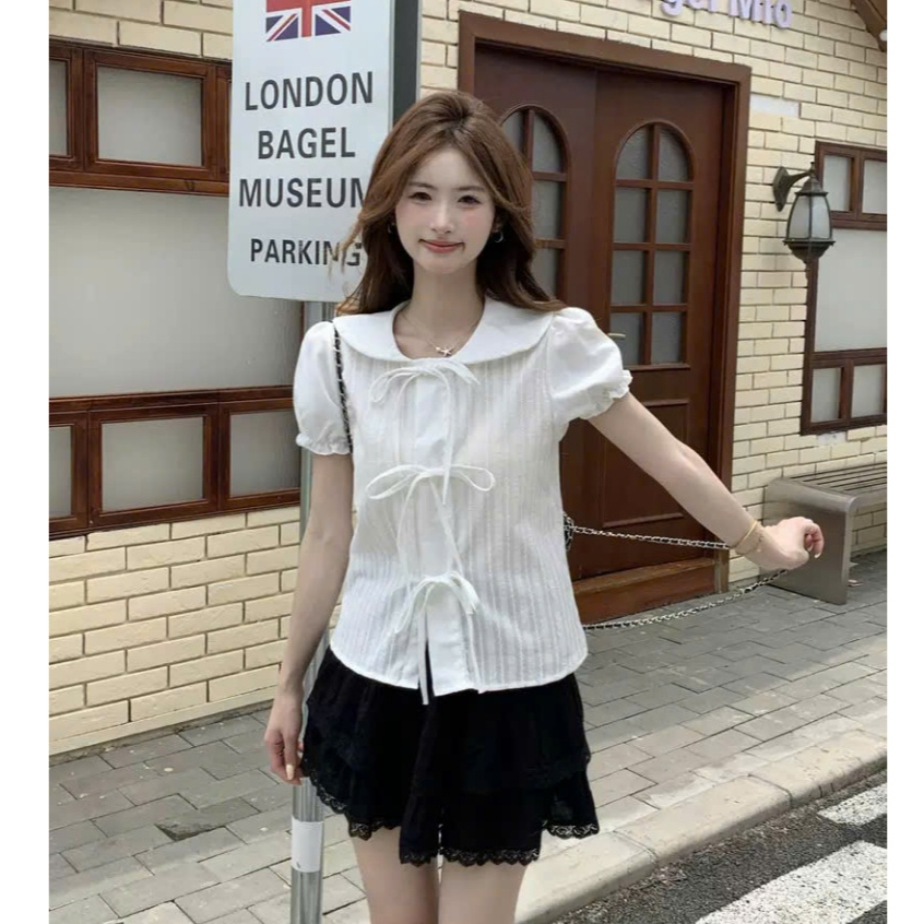 Áo thô mỏng đính nơ điệu đà, áo sơ mi nữ cộc tay MUZA  A121