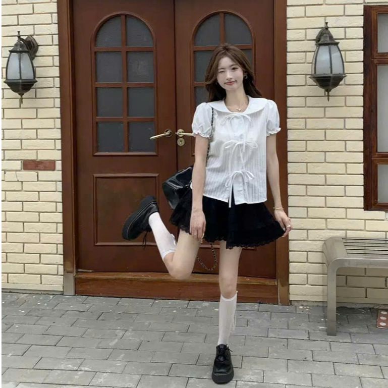 Áo thô mỏng đính nơ điệu đà, áo sơ mi nữ cộc tay MUZA  A121