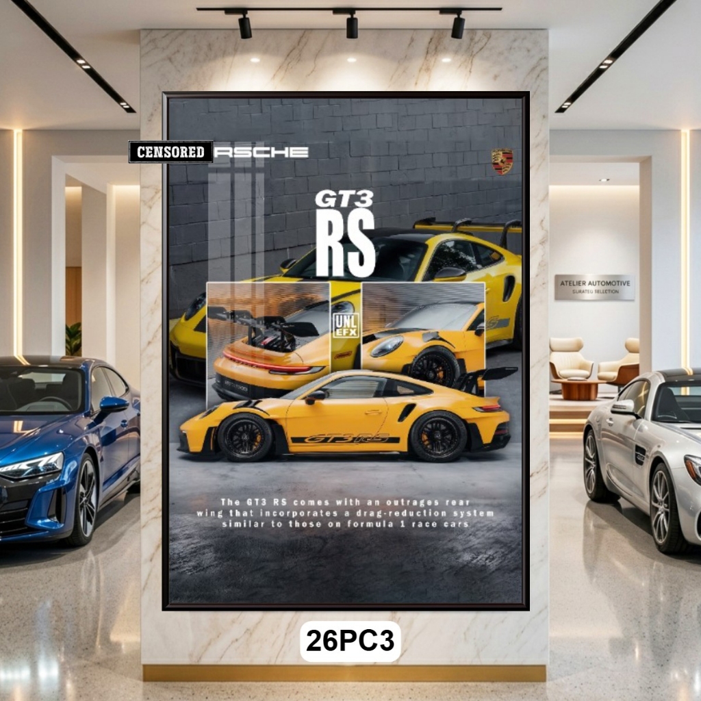 Tranh Siêu Xe Poster PORSCHE Tráng Gương Có Khung - Decor Showroom, Phòng Ngủ, Phòng Khách, Góc Làm Việc Cực Chất