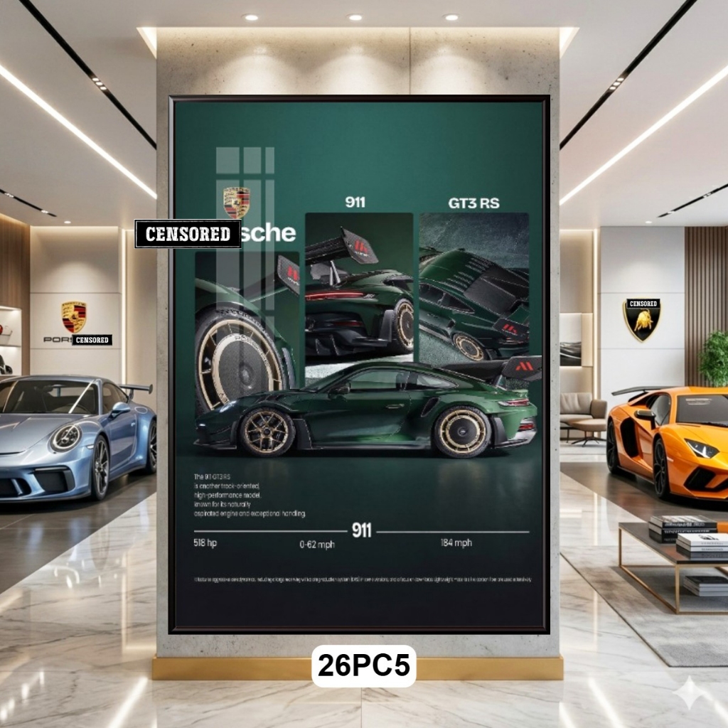 Tranh Siêu Xe Poster PORSCHE Tráng Gương Có Khung - Decor Showroom, Phòng Ngủ, Phòng Khách, Góc Làm Việc Cực Chất