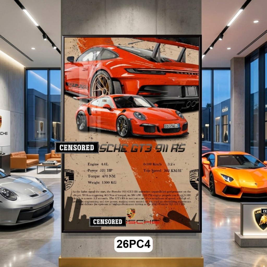 Tranh Siêu Xe Poster PORSCHE Tráng Gương Có Khung - Decor Showroom, Phòng Ngủ, Phòng Khách, Góc Làm Việc Cực Chất